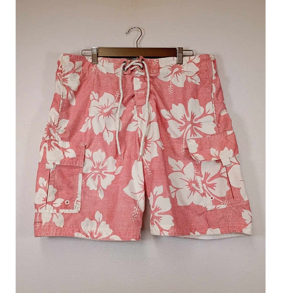 Tropical Hawaiian U.S. Apparel Mens M Pink Hibiscus Floral Cargo Board Shorts